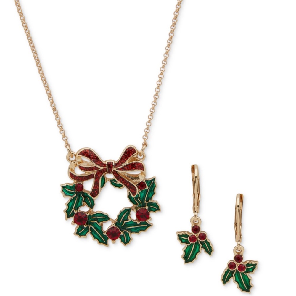 Anne Klein Gold-Tone Crystal Holly Wreath Pendant Necklace & Drop Earrings Set.